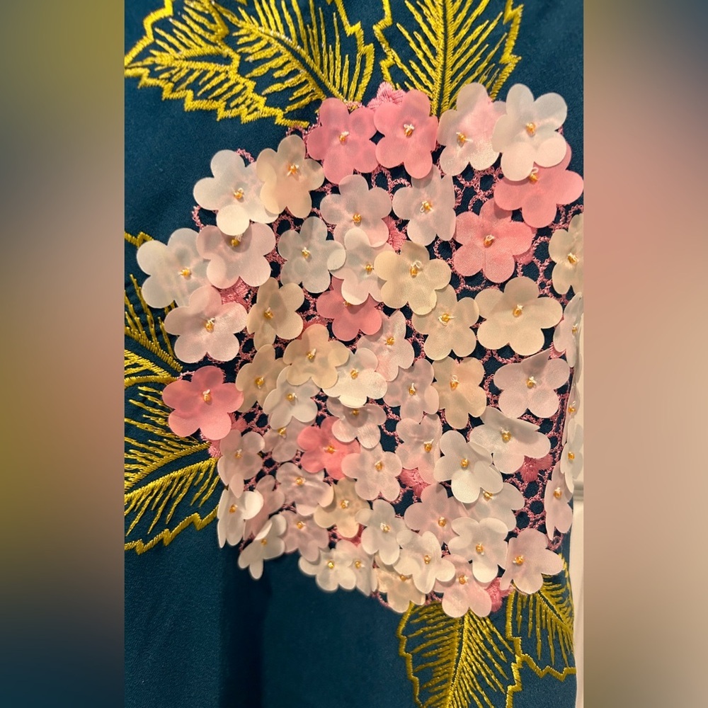 Anthropologie Varun Bahl Hydrangea Floral Dress Blue Applique Embroidery Sz 12 - Picture 2 of 11